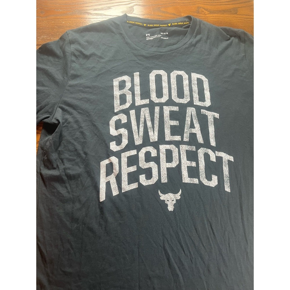 Under Armor T-Shirt L Blood Sweat Respect Gym Tee The Rock Loose Fit Double Side